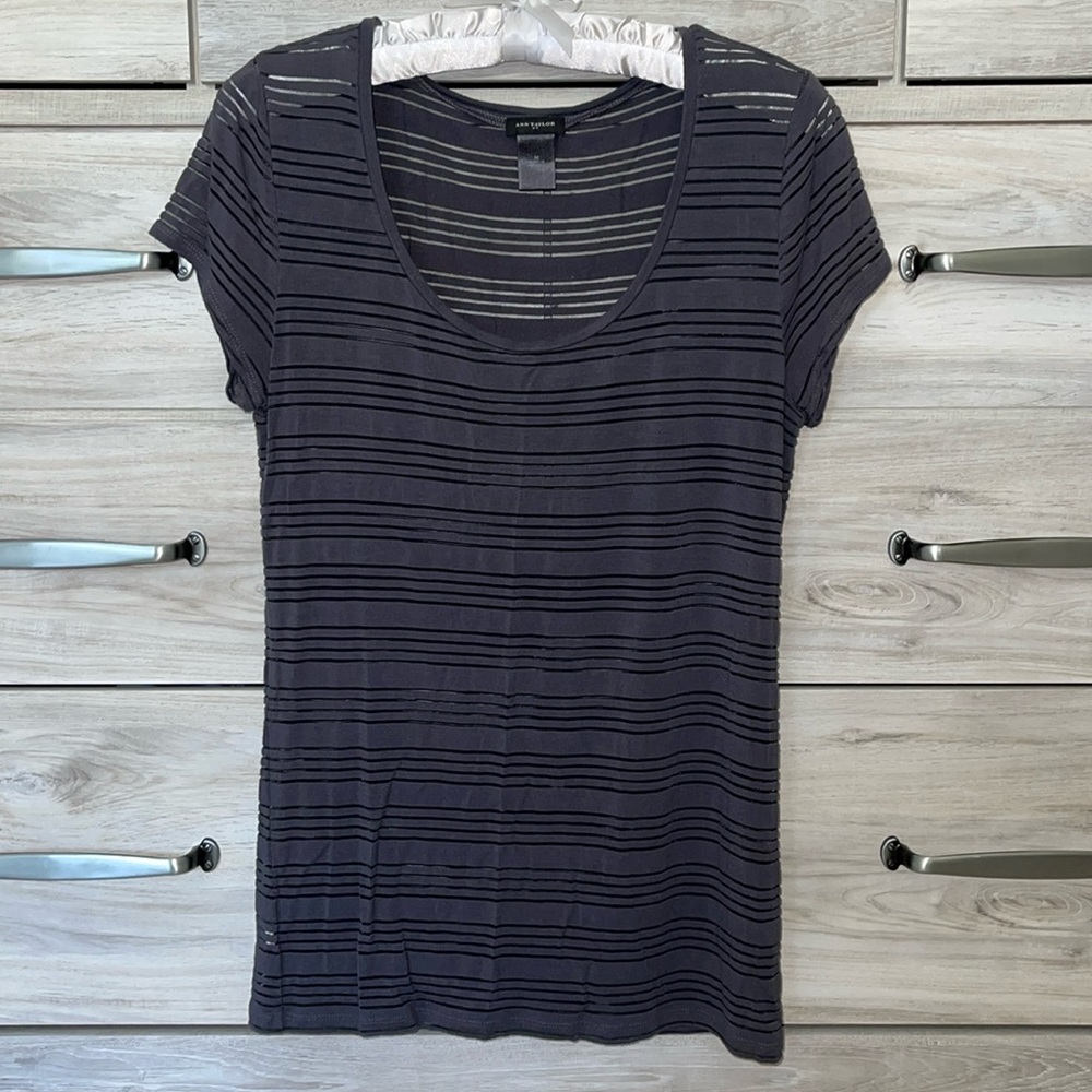 Ann Taylor Dark Gray Striped Sheer Short Sleeve T-shirt